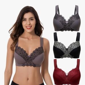 Curve Muse Plus Size Unlined Minimizer Wirefree Bras with Embroidery Lace-3Pack